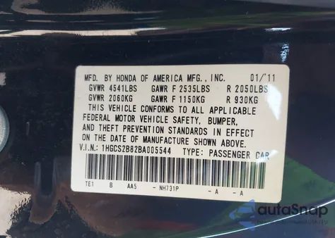 2011 Honda Accord 3.5 Ex-L from USA, damaged, VIN 1HGCS2B82BA005544